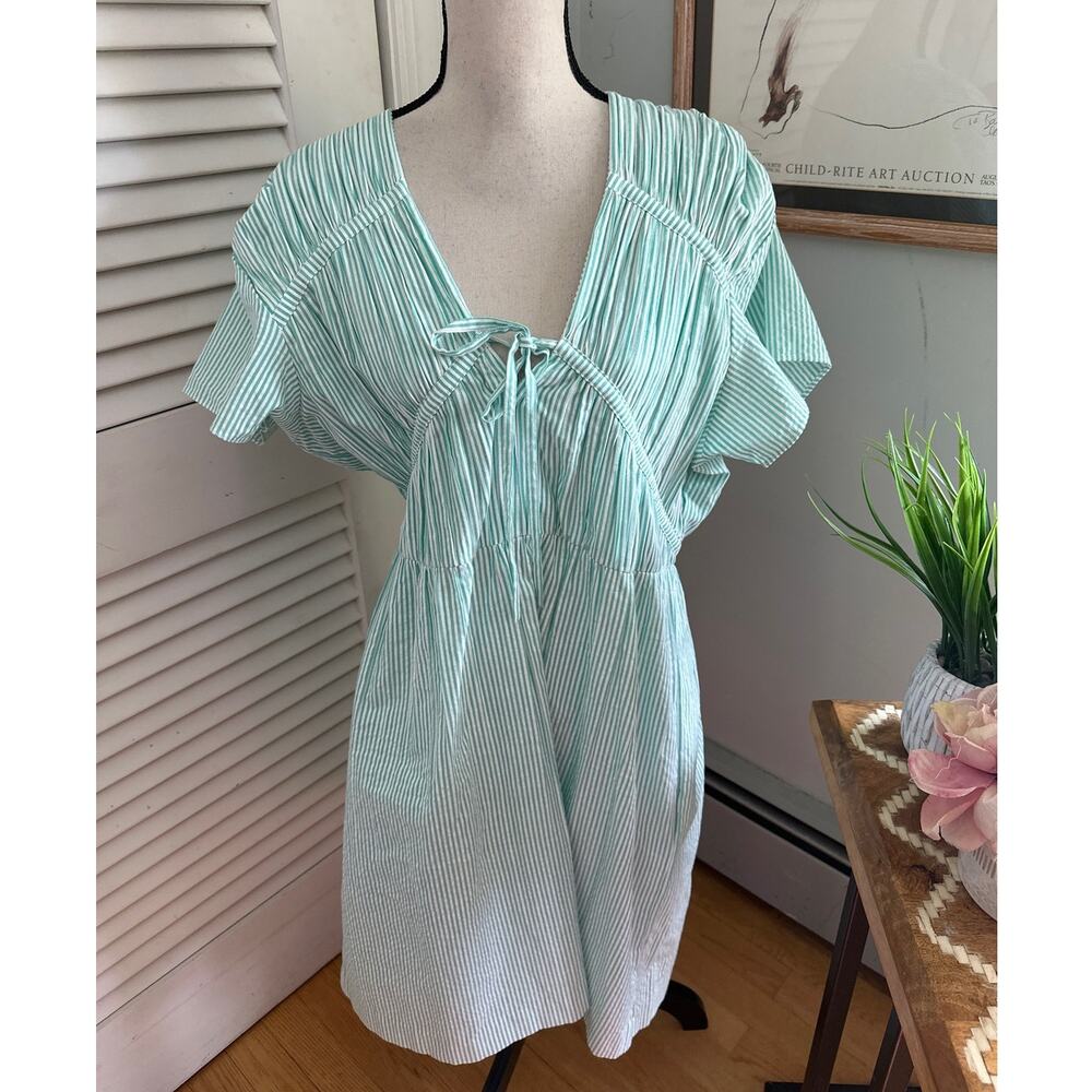 Rungolee Dress XL Green Striped Seersucker St Tropez Dainty Coastal Resort Chic